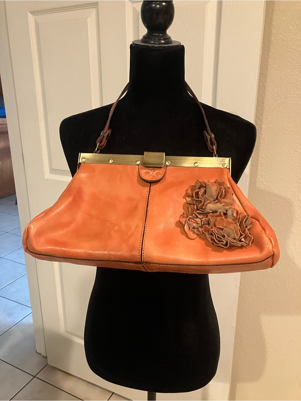 Orange Floral Leather Shoulder Bag